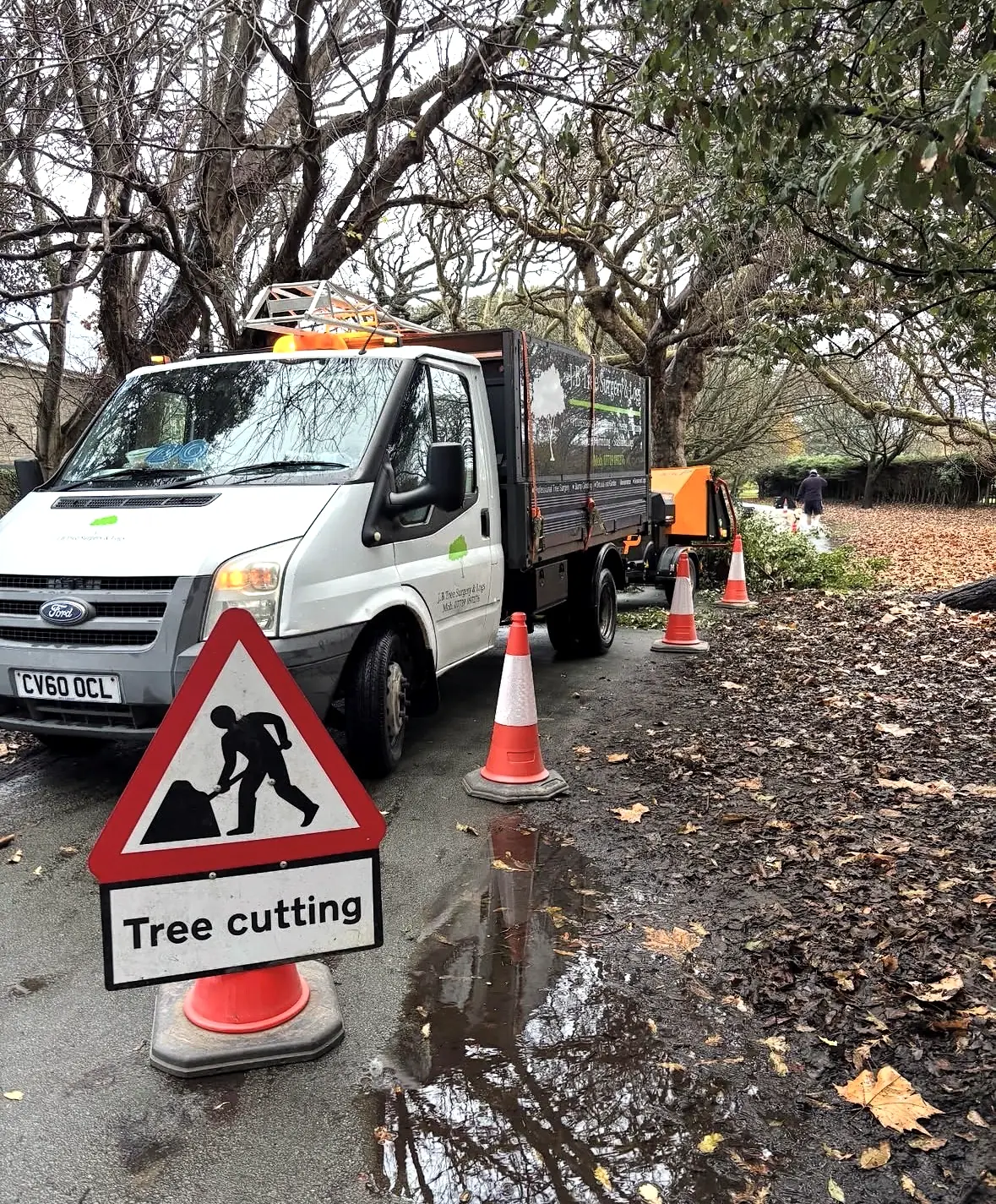 Tree crew clearing vegetation at the edge of a commercial car park