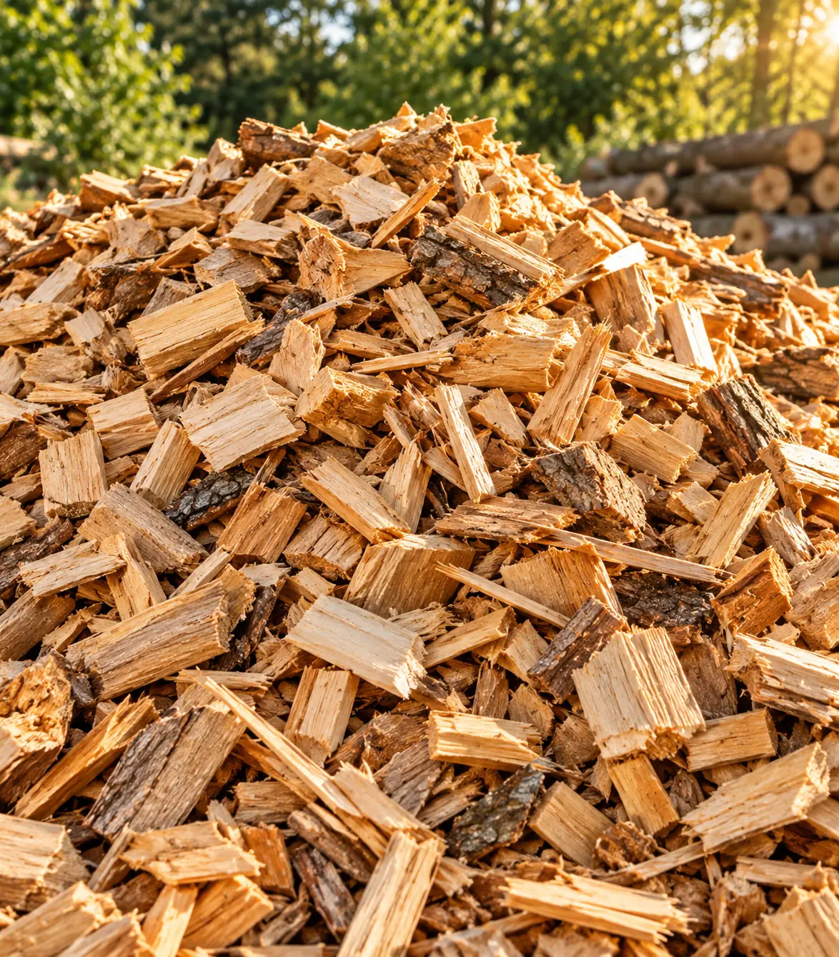 Fresh wood chippings produced during professional tree work
