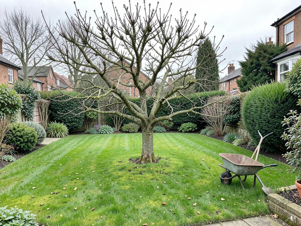 Tidy British garden after completed tree work