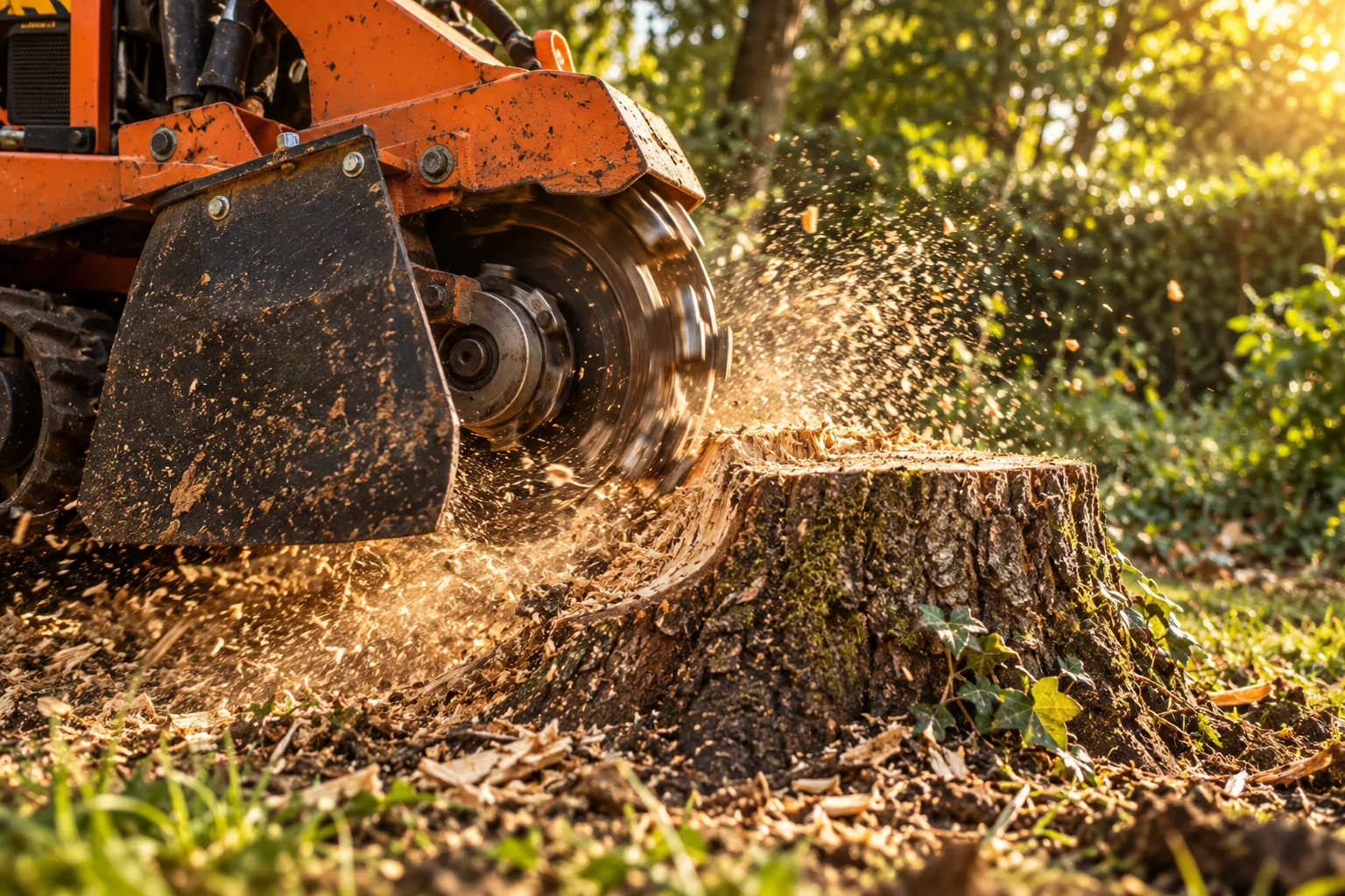 Stump grinder removing a tree stump from a lawn